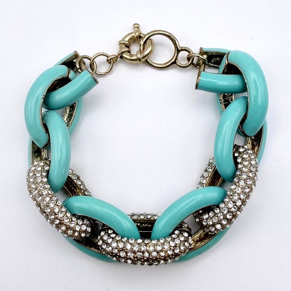 Chunky Turquoise Blue Enamel Crystal Pave Cable Link Statement Bracelet 7"